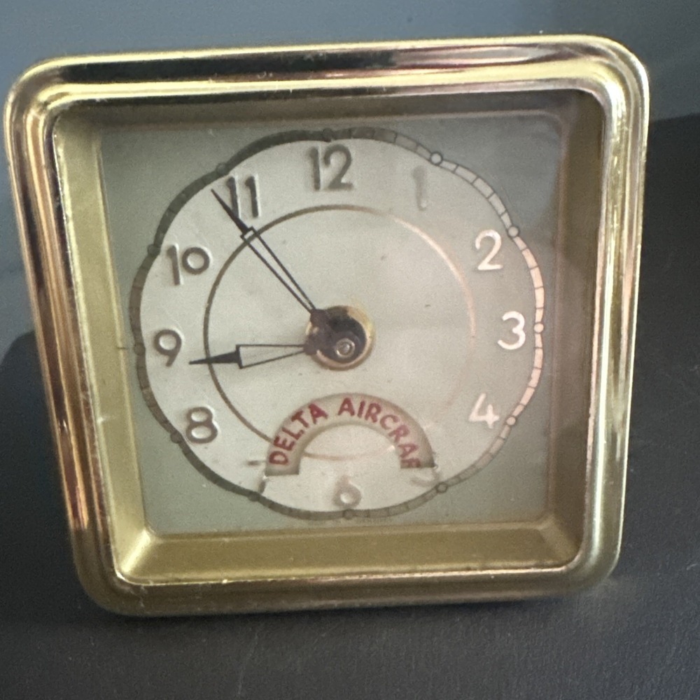 Vtg DELTA AIRCRAFT Aviation Alarm Clock Mechanical Wind Up German Made Gold MCM
